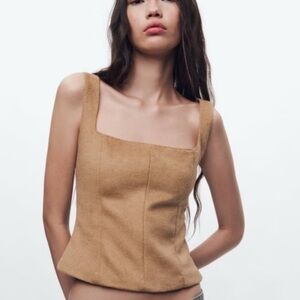 NEW Zara Foe Fur Wool Square Neck Top Thick Strap‎ Corset Structured Blouse